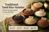 Rustic flat-lay of nine small bowls of traditional Tamil rice varieties — black kavuni, red mappillai samba, white seeraga samba — on a jute mat.