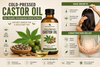 Cold pressed castor oil in a glass bottle with castor seeds — used for hair growth and constipation relief