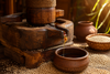 Traditional wooden chekku oil press extracting cold pressed sesame oil into a clay pot, showcasing natural oil extraction at Theerthaa