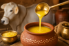 A brass ladle pouring golden pure cow ghee into a traditional clay pot, with a cow visible softly blurred in the background, warm rustic setting.
