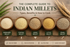 Five types of Indian millets in wooden bowls — barnyard, foxtail, kodo, little millet, and pearl millet — arranged on a rustic surface.
